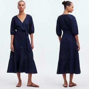 madewell tie-waist tiered midi dress in windowpane navy ns139 women size 8
